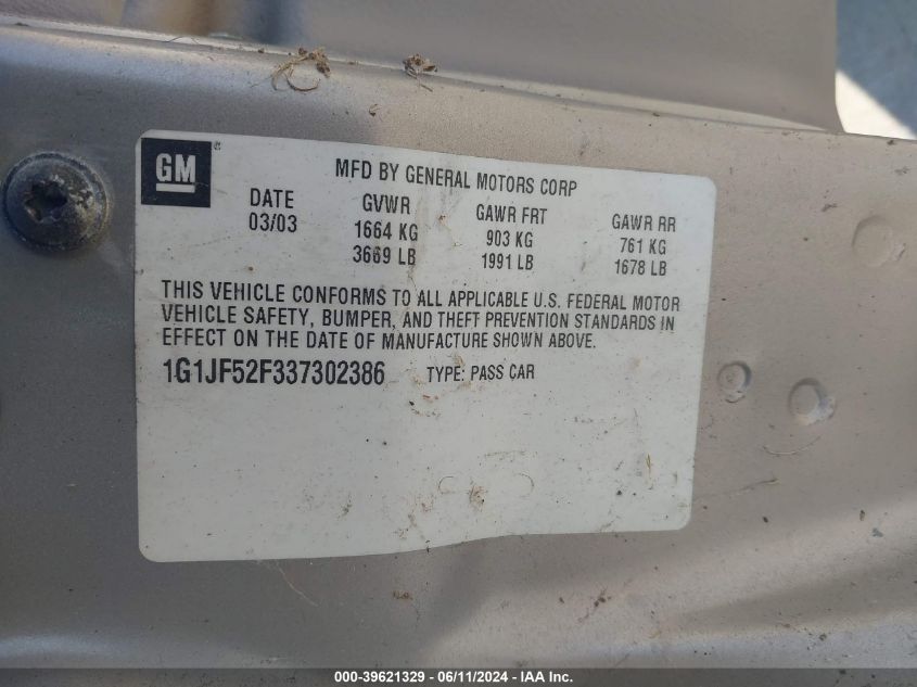 2003 Chevrolet Cavalier Ls VIN: 1G1JF52F337302386 Lot: 39621329