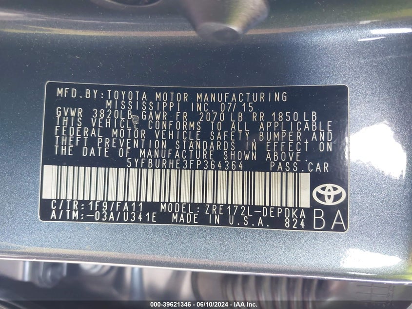 2015 Toyota Corolla L VIN: 5YFBURHE3FP364364 Lot: 39621346