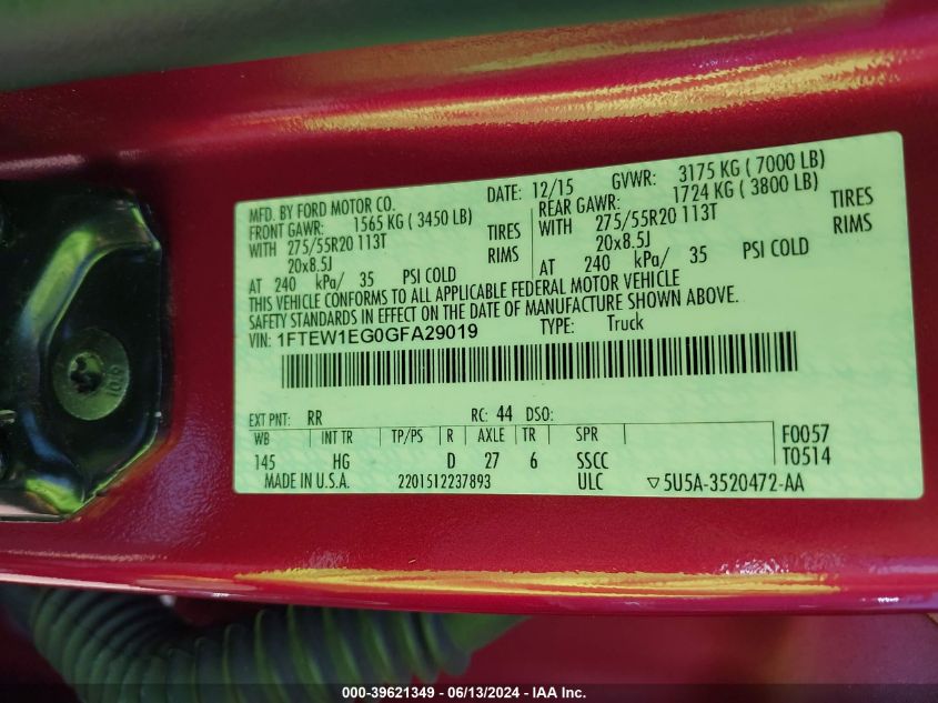 2016 Ford F-150 Lariat VIN: 1FTEW1EG0GFA29019 Lot: 39621349