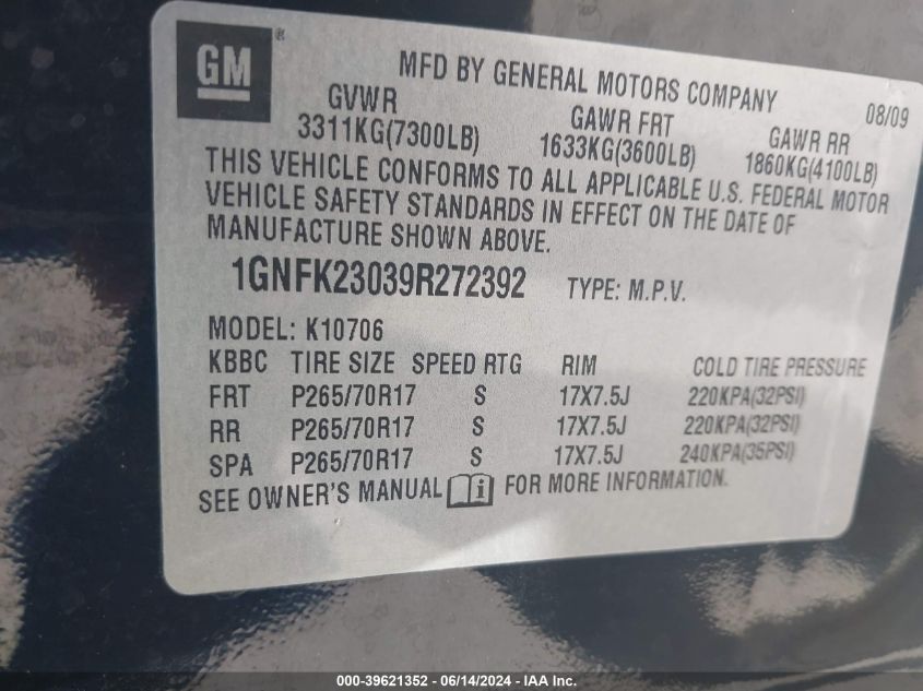 2009 Chevrolet Tahoe Lt1 VIN: 1GNFK23039R272392 Lot: 39621352
