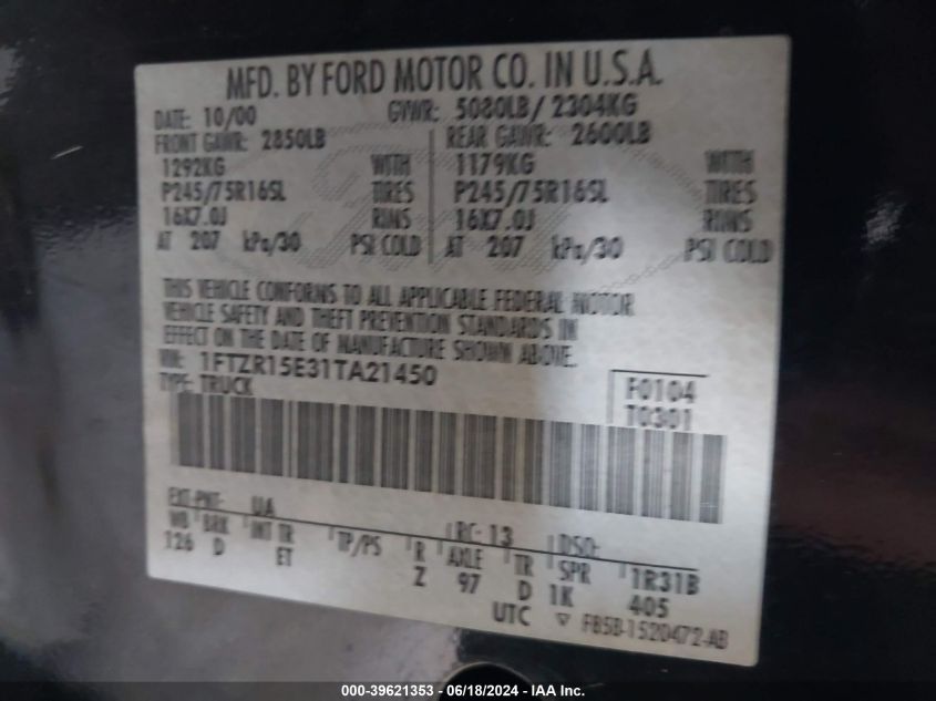 2001 Ford Ranger Edge/Xlt VIN: 1FTZR15E31TA21450 Lot: 39621353