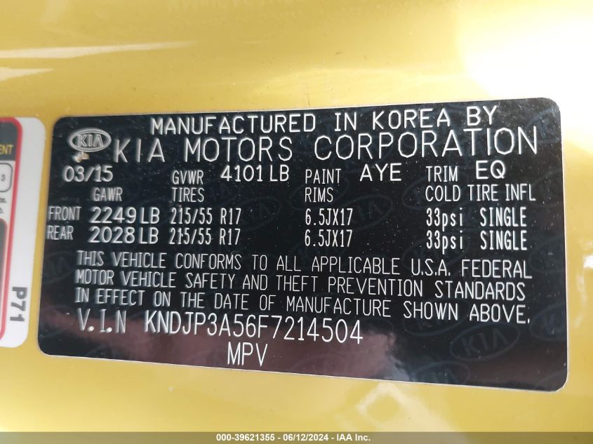 2015 Kia Soul + VIN: KNDJP3A56F721450 Lot: 39621355