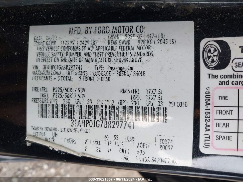 2011 Ford Fusion Sel VIN: 3FAHP0JG7BR297741 Lot: 39621357