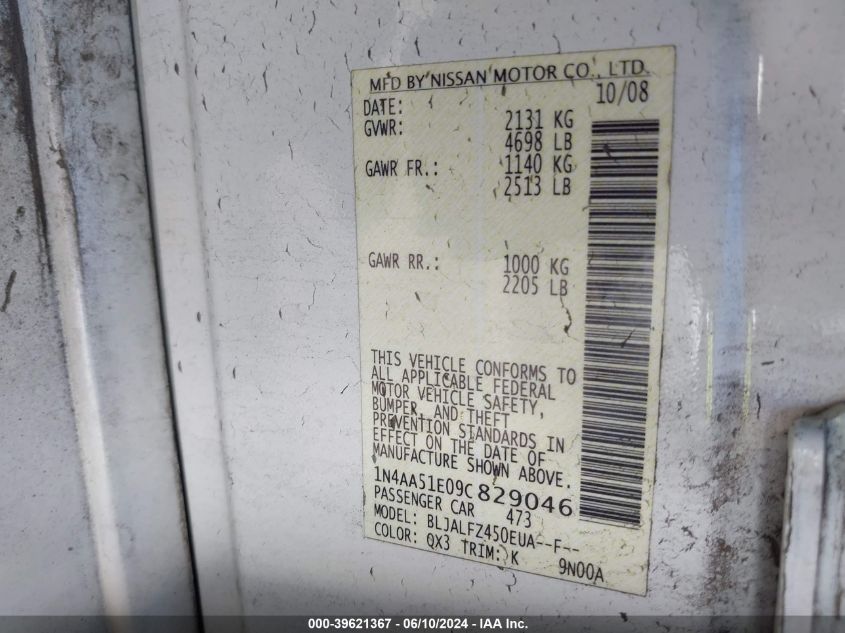2009 Nissan Maxima 3.5 Sv VIN: 1N4AA51E09C829046 Lot: 39621367