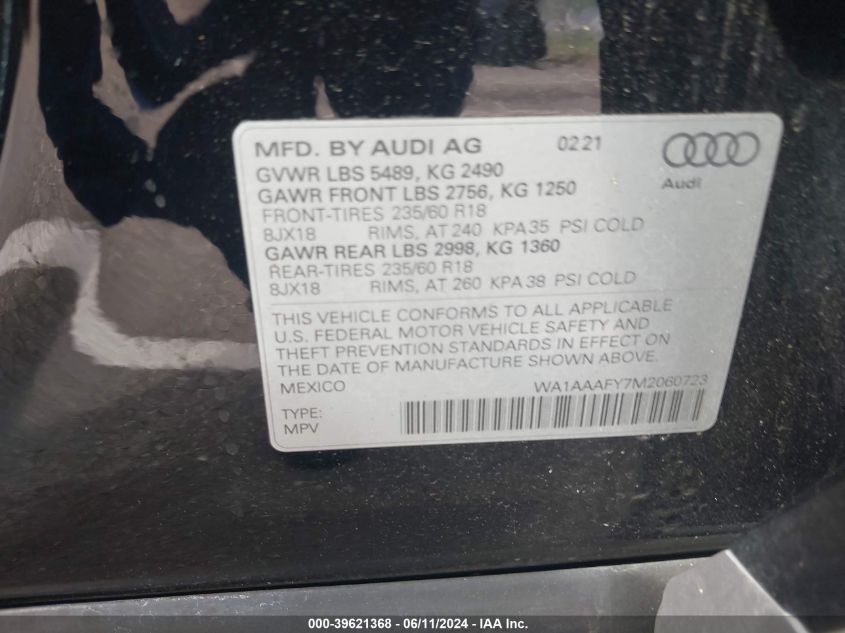 2021 Audi Q5 Premium 45 Tfsi Quattro S Tronic VIN: WA1AAAFY7M2060723 Lot: 39621368