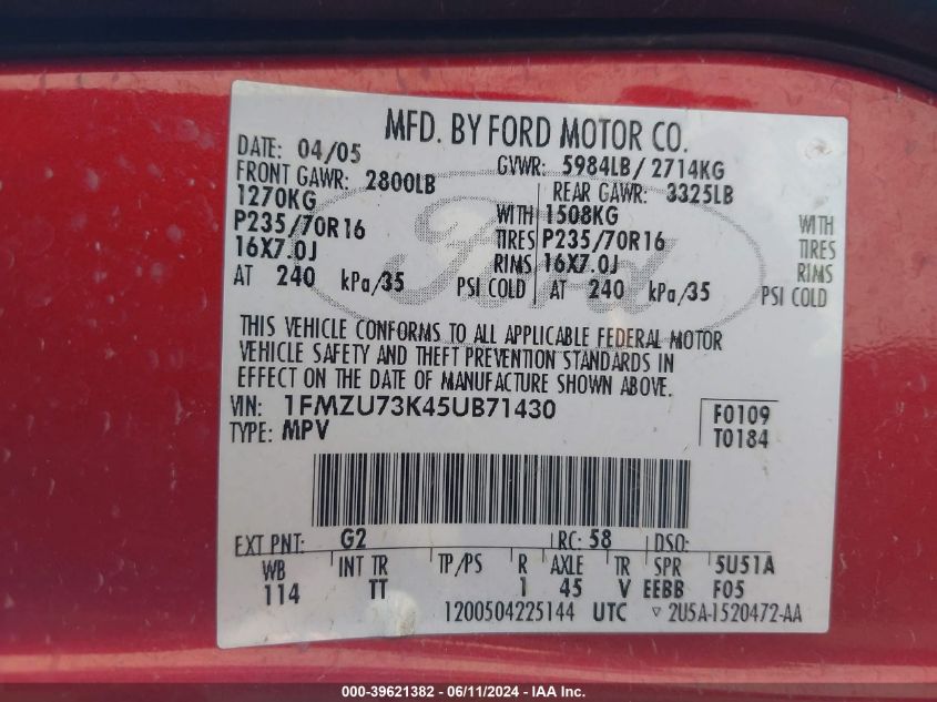 2005 Ford Explorer Xlt/Xlt Sport VIN: 1FMZU73K45UB71430 Lot: 39621382