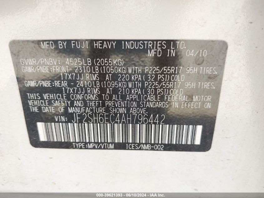 2010 Subaru Forester 2.5Xt Premium VIN: JF2SH6EC4AH796442 Lot: 39621393