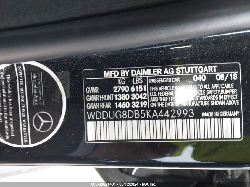 2019 Mercedes-Benz S 560 VIN: WDDUG8DB5KA442993 Lot: 39621401