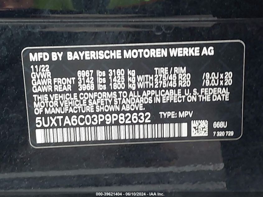 2023 BMW X5 xDrive45E VIN: 5UXTA6C03P9P82632 Lot: 39621404