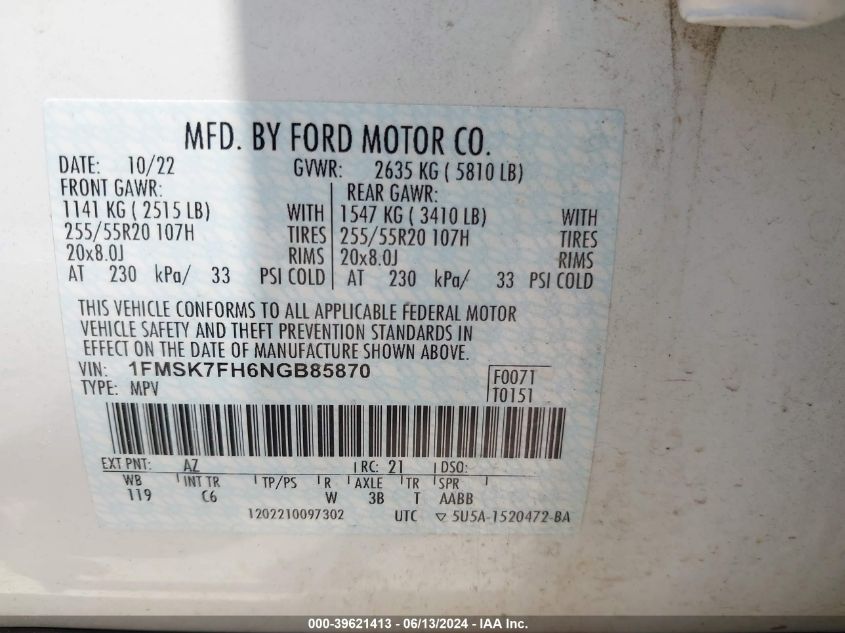 2022 Ford Explorer Limited VIN: 1FMSK7FH6NGB85870 Lot: 39621413