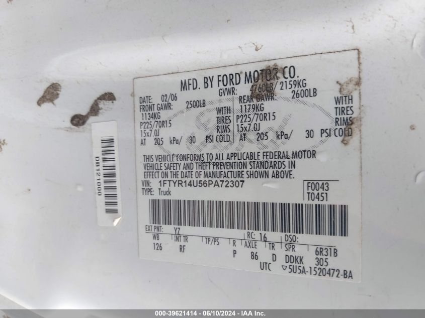 2006 Ford Ranger Sport/Stx/Xl/Xlt VIN: 1FTYR14U56PA72307 Lot: 39621414