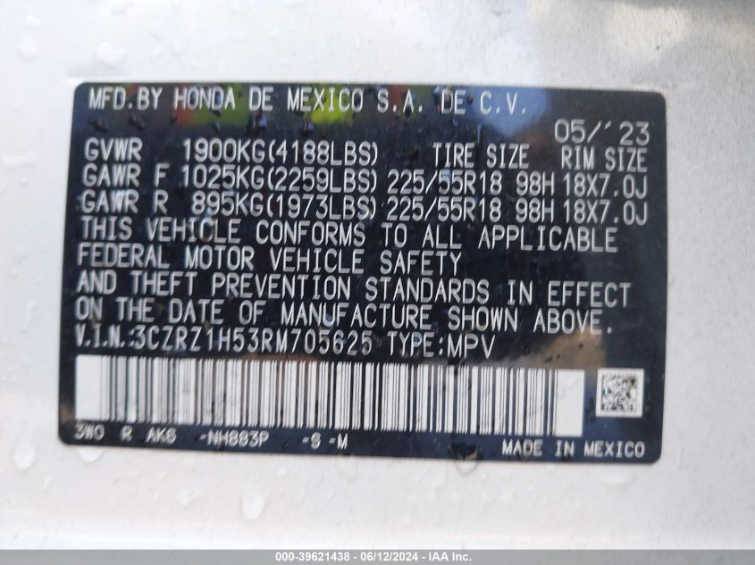 2024 Honda Hr-V 2Wd Sport/2Wd Sport W/O Bsi VIN: 3CZRZ1H53RM705625 Lot: 39621438