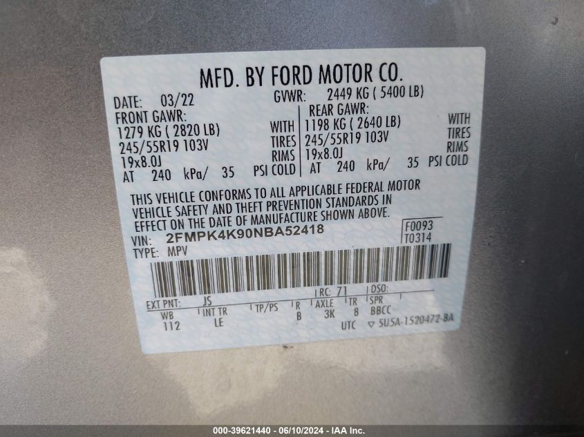 2022 Ford Edge Titanium VIN: 2FMPK4K90NBA52418 Lot: 39621440