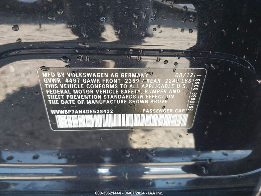 2013 Volkswagen Cc 2.0T Sport VIN: WVWBP7AN4DE528432 Lot: 39621444