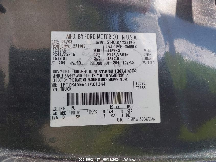 2004 Ford Ranger Edge/Tremor/Xlt VIN: 1FTZR45E64TA01344 Lot: 39621457