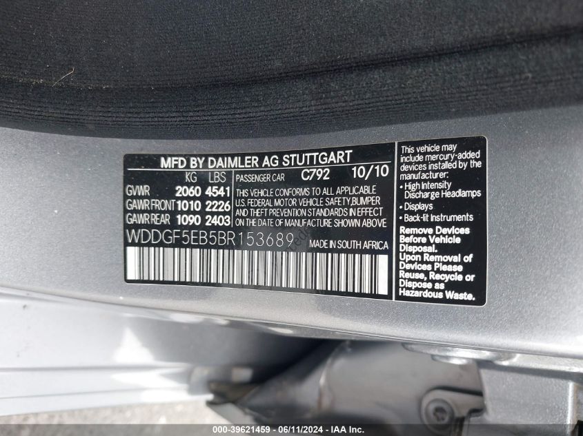 2011 Mercedes-Benz C 300 Luxury/Sport VIN: WDDGF5EB5BR153689 Lot: 39621459