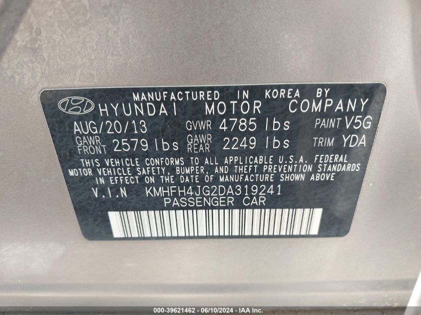 2013 Hyundai Azera Gls/Limited VIN: KMHFH4JG2DA319241 Lot: 39621462