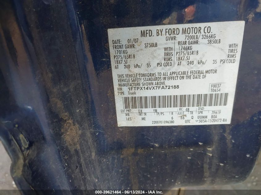 2007 Ford F-150 Fx4/Lariat/Xl/Xlt VIN: 1FTPX14VX7FA72188 Lot: 39621464