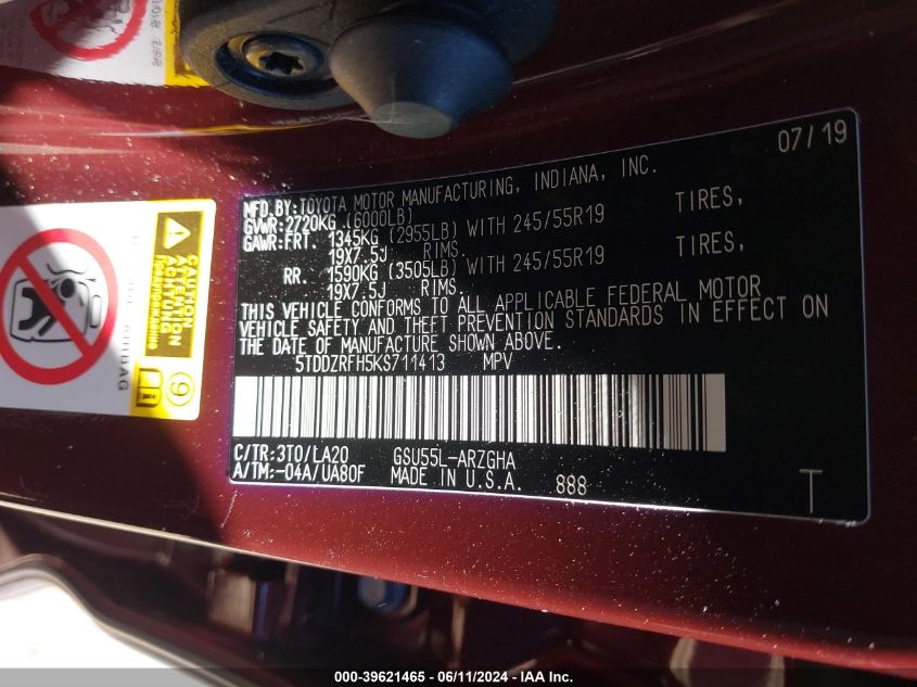 2019 Toyota Highlander Limited Platinum VIN: 5TDDZRFH5KS711413 Lot: 39621465