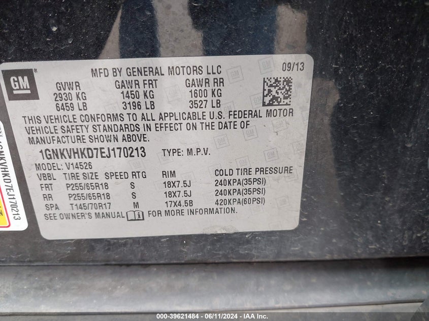 2014 Chevrolet Traverse 2Lt VIN: 1GNKVHKD7EJ170213 Lot: 39621484