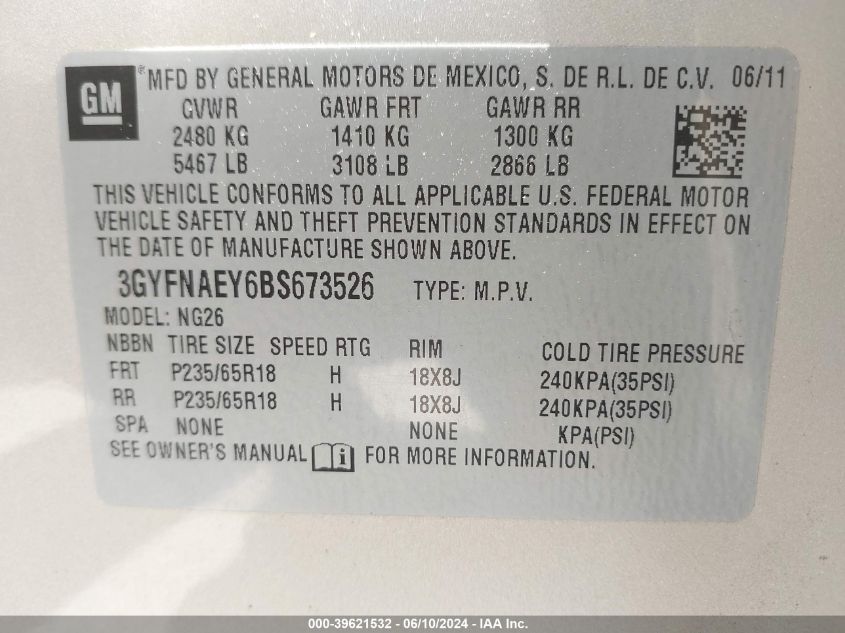 2011 Cadillac Srx Luxury Collection VIN: 3GYFNAEY6BS673526 Lot: 39621532