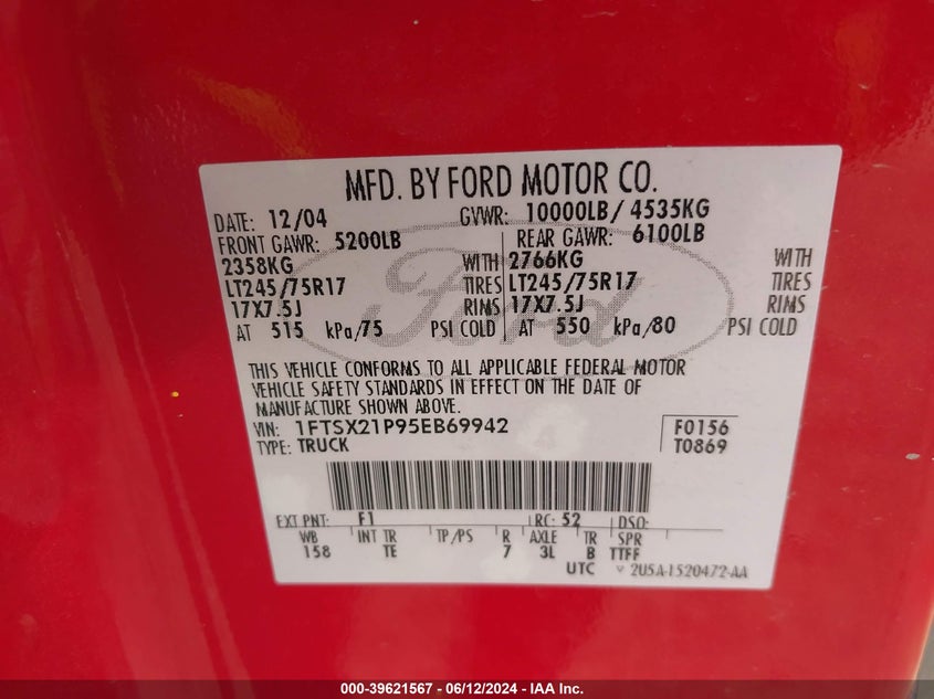 2005 Ford F-250 Lariat/Xl/Xlt VIN: 1FTSX21P95EB69942 Lot: 39621567