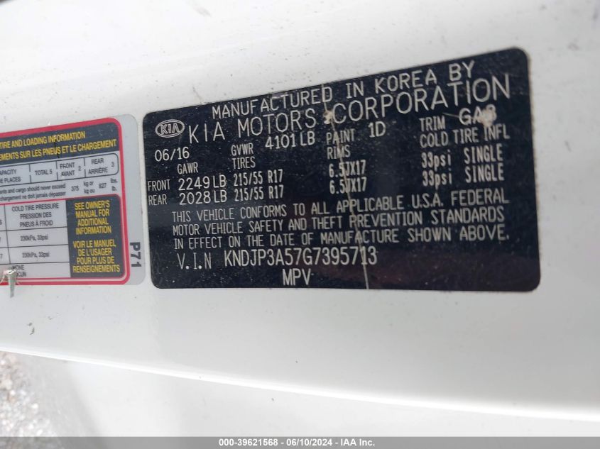 2016 Kia Soul + VIN: KNDJP3A57G7395713 Lot: 39621568