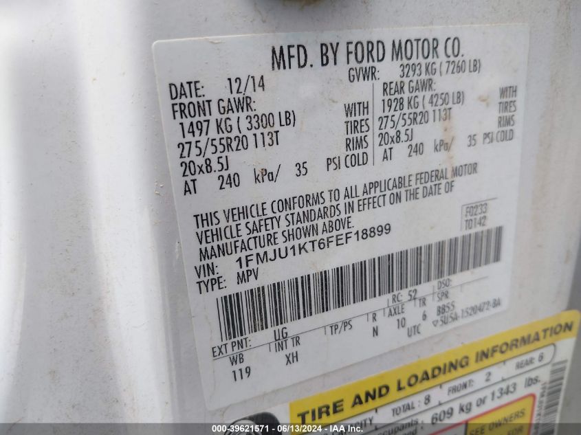 2015 Ford Expedition Limited VIN: 1FMJU1KT6FEF18899 Lot: 39621571