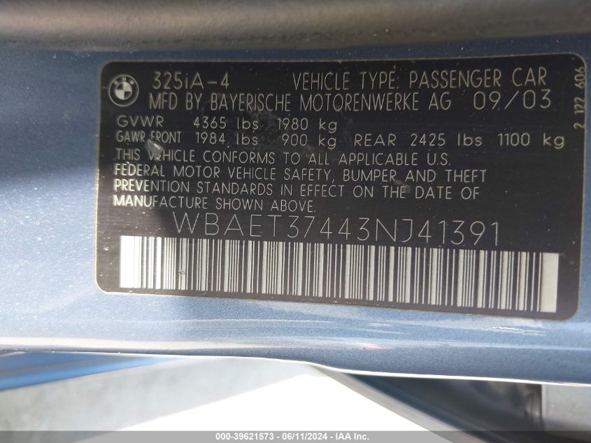 2003 BMW 325I VIN: WBAET37443NJ41391 Lot: 39621573