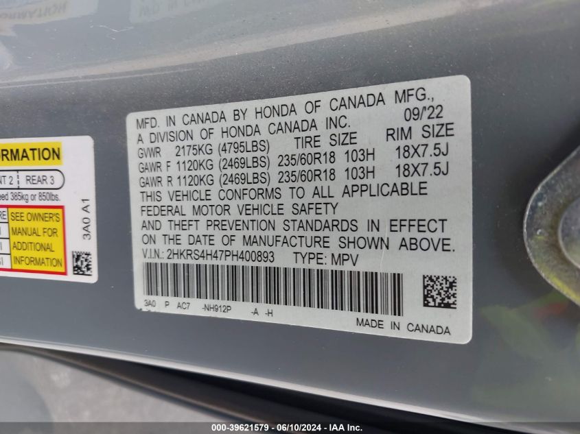 VIN 2HKRS4H47PH400893 2023 HONDA CR-V EX AWD