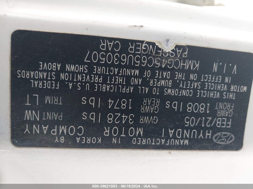 2005 Hyundai Accent Gl VIN: KMHCG45C65U630507 Lot: 39621583