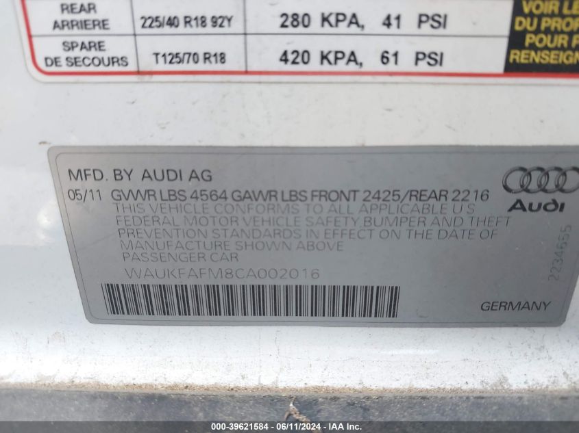 2012 Audi A3 2.0T Premium VIN: WAUKFAFM8CA002016 Lot: 39621584