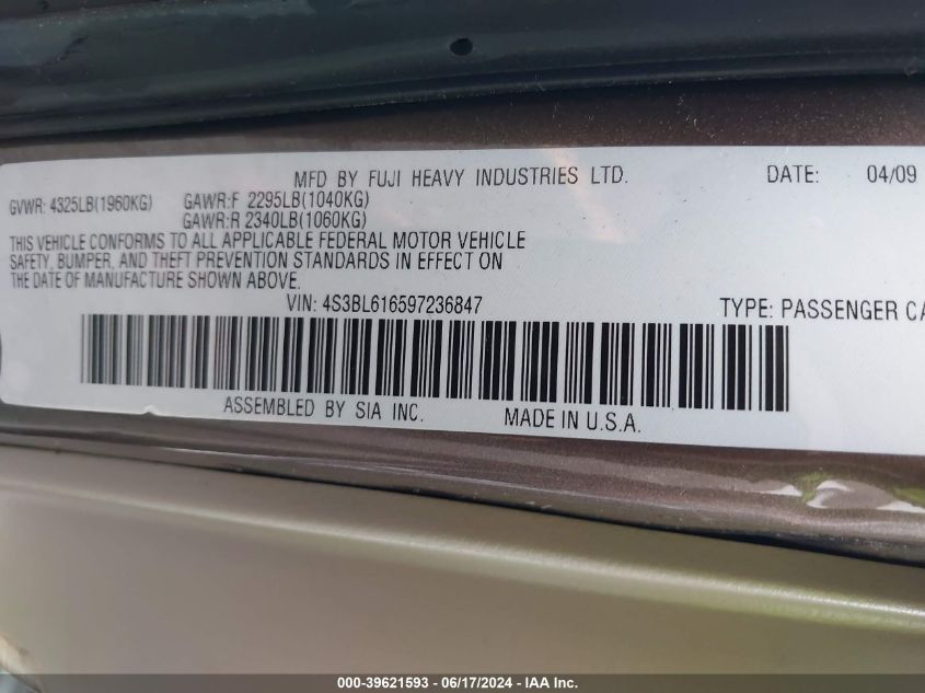 2009 Subaru Legacy 2.5I VIN: 4S3BL616597236847 Lot: 39621593