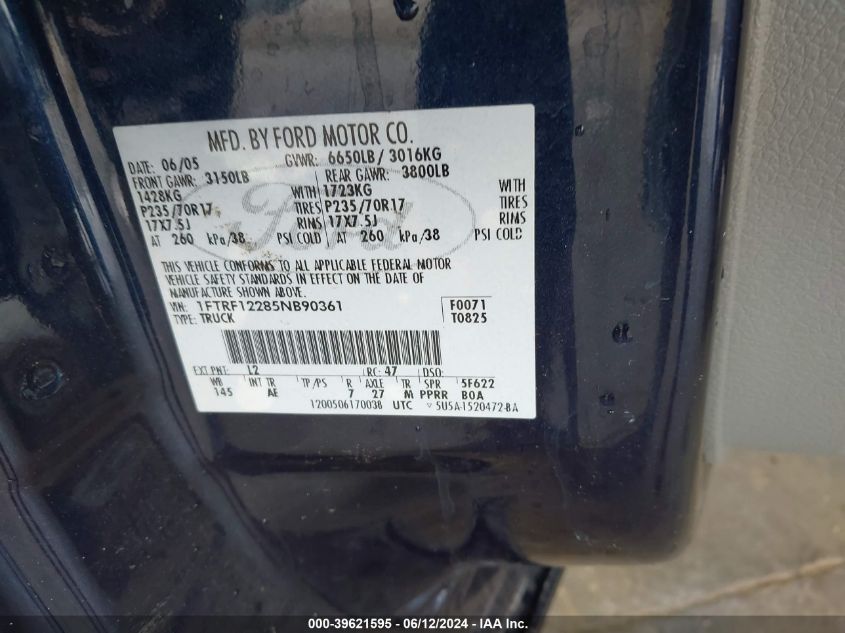 2005 Ford F-150 Stx/Xl/Xlt VIN: 1FTRF12285NB90361 Lot: 39621595