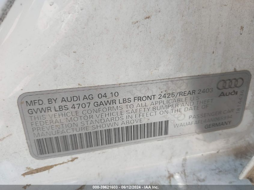 2010 Audi A4 2.0T Premium VIN: WAUAFAFL4AN065994 Lot: 39621603