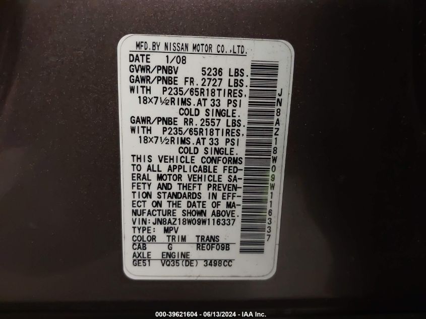 2009 Nissan Murano S VIN: JN8AZ18W09W116337 Lot: 39621604