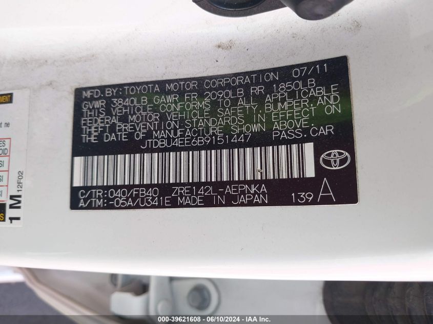 2011 Toyota Corolla Le VIN: JTDBU4EE6B9151447 Lot: 39621608