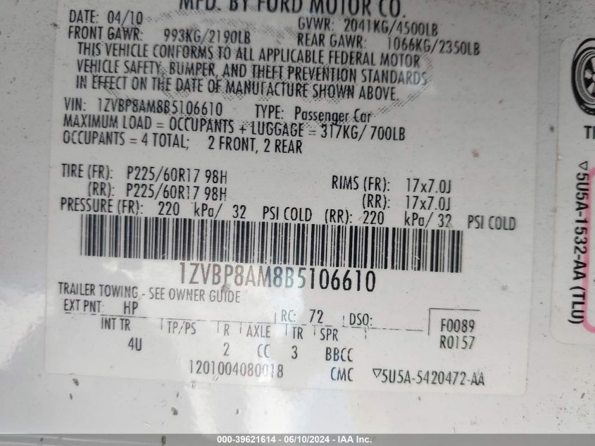 2011 Ford Mustang V6 Premium VIN: 1ZVBP8AM8B5106610 Lot: 39621614