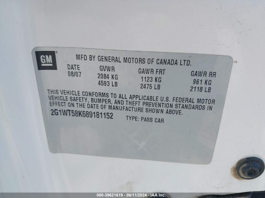 2008 Chevrolet Impala Lt VIN: 2G1WT58K689181152 Lot: 39621619