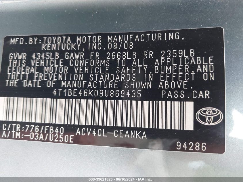 2009 Toyota Camry Le VIN: 4T1BE46K09U869435 Lot: 39621623