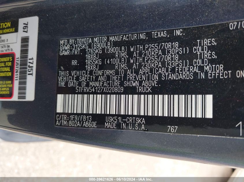 2007 Toyota Tundra Sr5 V8 VIN: 5TFRV54127X020809 Lot: 39621626