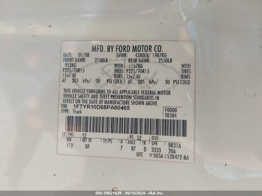 2008 Ford Ranger Xl/Xlt VIN: 1FTYR10D68PA60465 Lot: 39621629