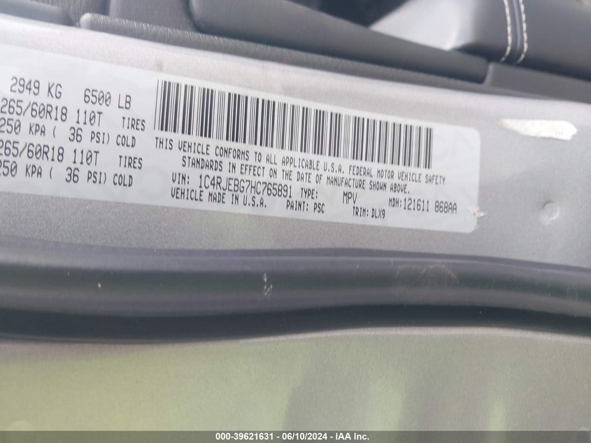 2017 Jeep Grand Cherokee Limited 4X2 VIN: 1C4RJEBG7HC765891 Lot: 39621631