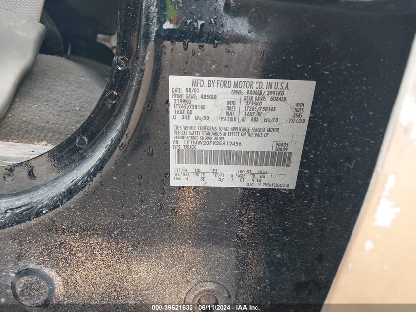 2002 Ford F-250 Lariat/Xl/Xlt VIN: 1FTNW20FX2EA12456 Lot: 39621632