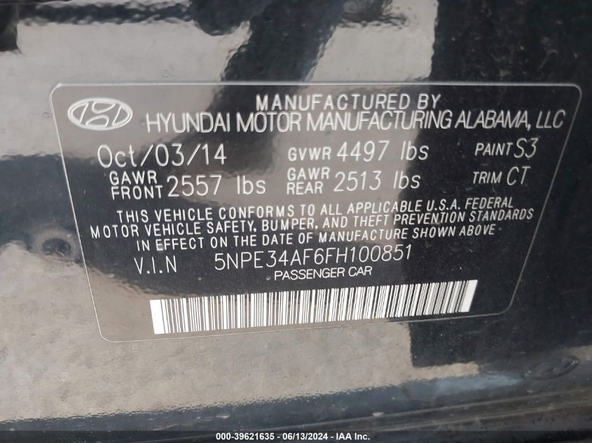 2015 Hyundai Sonata Sport VIN: 5NPE34AF6FH100851 Lot: 39621635