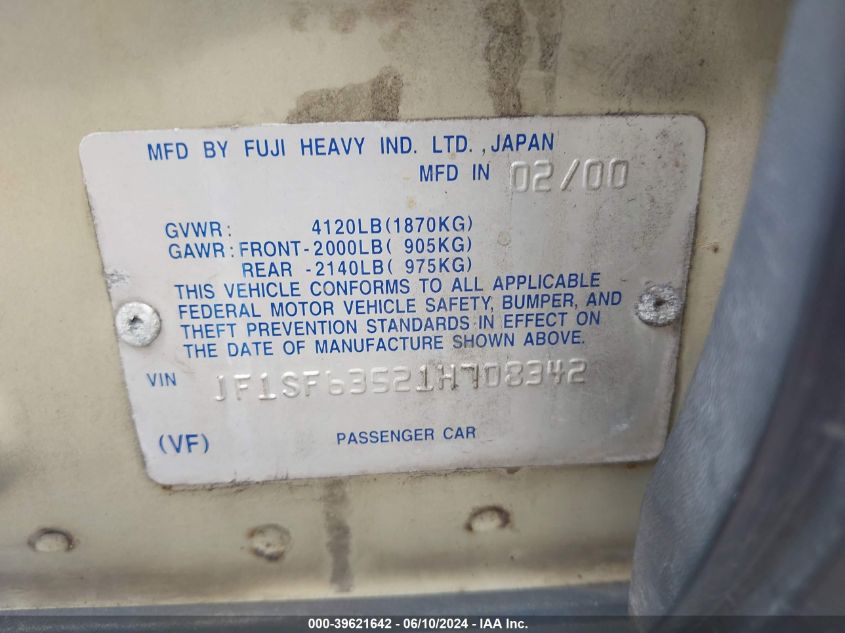 2001 Subaru Forester L VIN: JF1SF63521H708342 Lot: 39621642