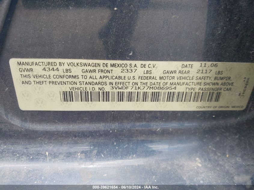 2007 Volkswagen Jetta 2.5 VIN: 3VWDF71K77M086954 Lot: 39621654