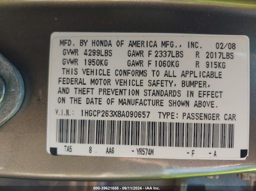 1HGCP263X8A090657 2008 Honda Accord 2.4 Lx