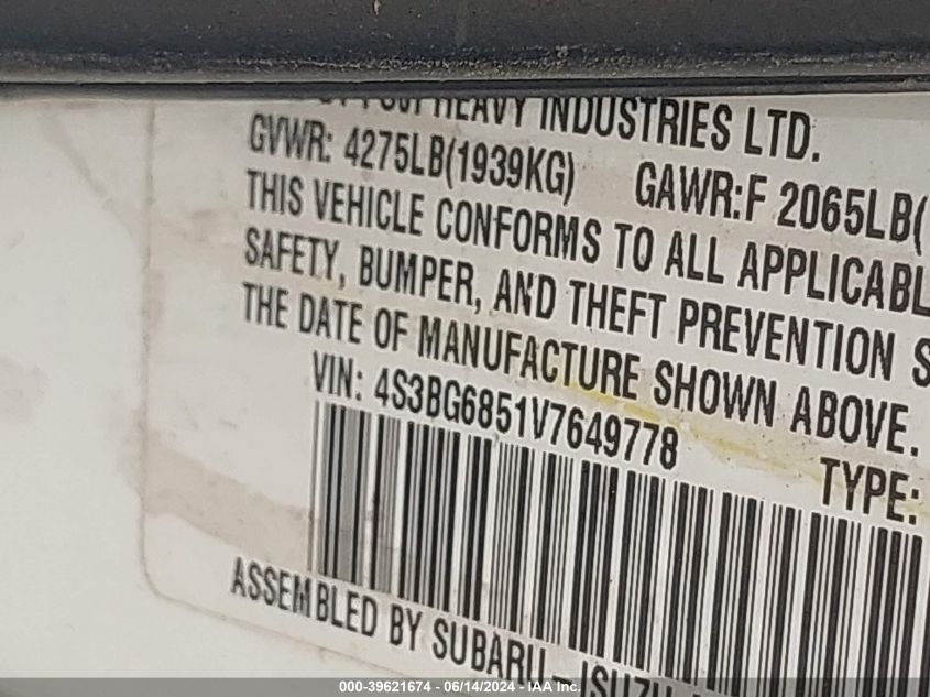 1997 Subaru Legacy Outback/Outback Limited VIN: 4S3BG6851V7649778 Lot: 39621674