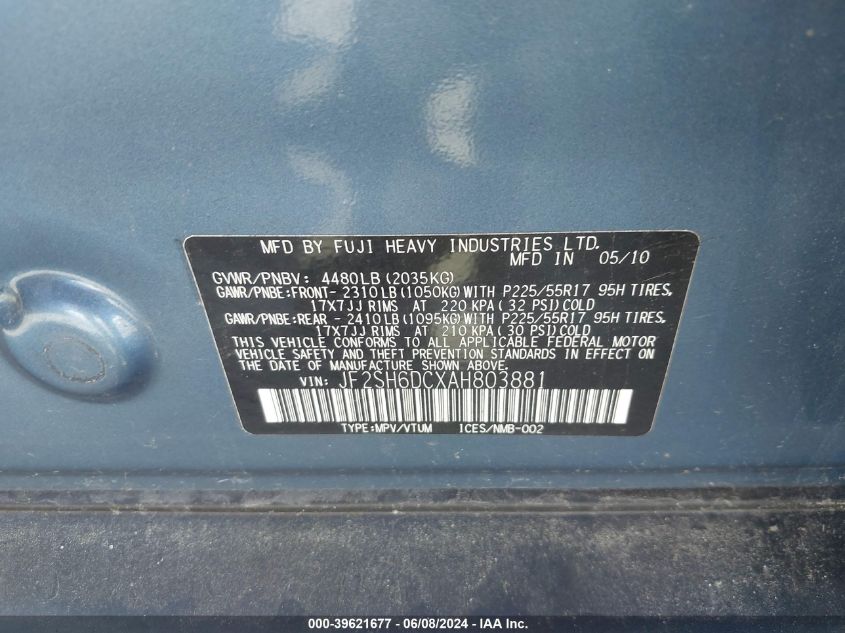 2010 Subaru Forester 2.5X Limited VIN: JF2SH6DCXAH803881 Lot: 39621677